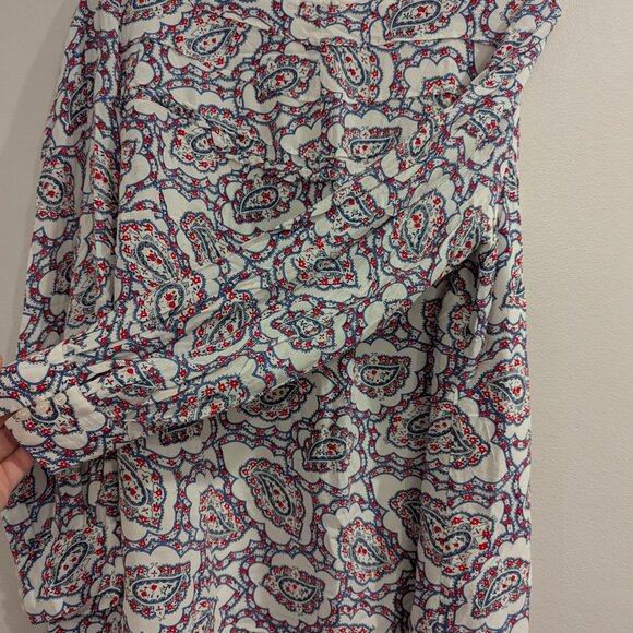 TALBOTS Pintuck Yoke Blouse 1X Paisley White Red Navy Blue Long Sleeve - Picture 9 of 13